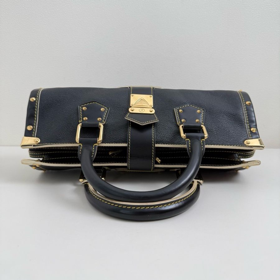 Louis Vuitton/路易威登 哈蘇路 黑色牛皮鉚釘 手提包 金扣-6