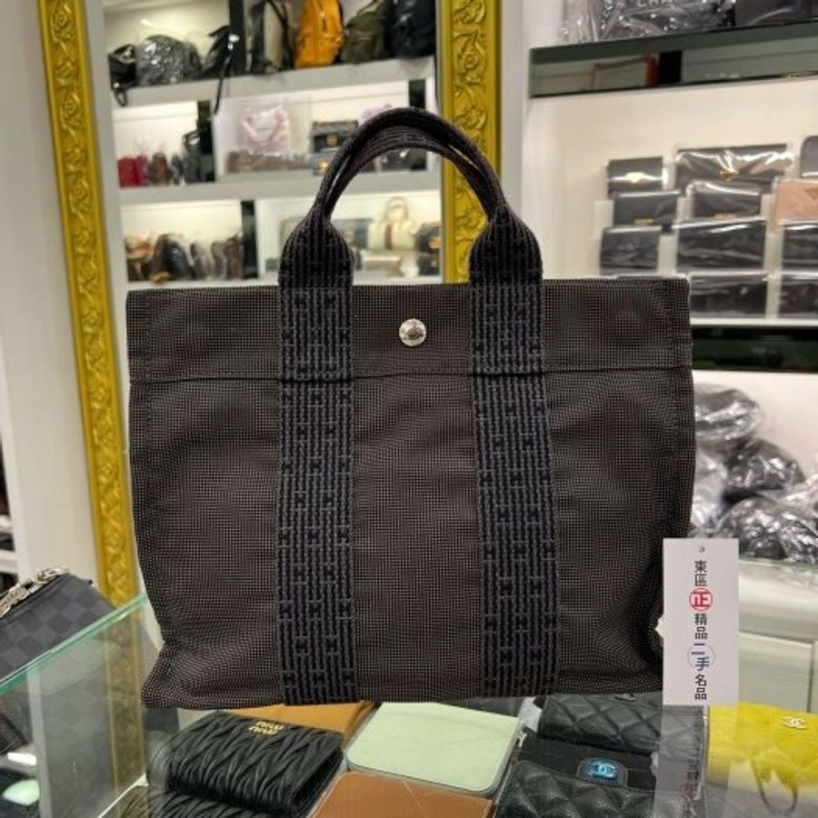 東區正精品㊣ HERMES HERLINE 灰色帆布H LOGO多口袋釦子拉鍊手提包小款 RZ6349-0