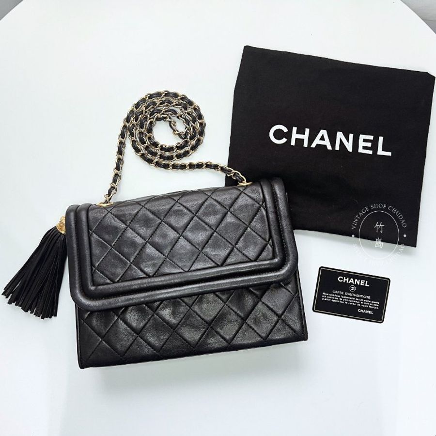 CHANEL 小羊皮 Matrasse菱格紋 鏈條 黑色 流蘇肩背包-0