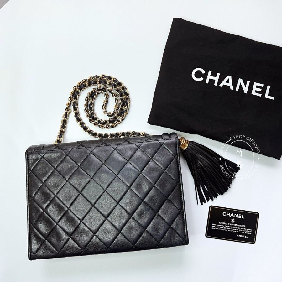 CHANEL 小羊皮 Matrasse菱格紋 鏈條 黑色 流蘇肩背包-1