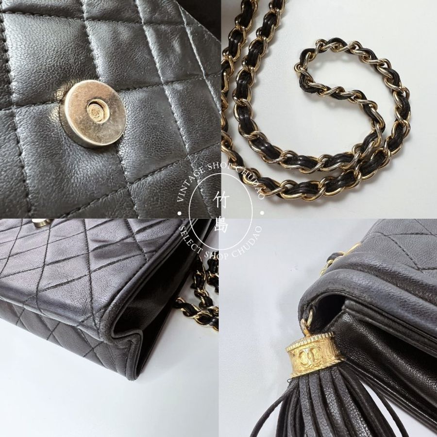 CHANEL 小羊皮 Matrasse菱格紋 鏈條 黑色 流蘇肩背包-8