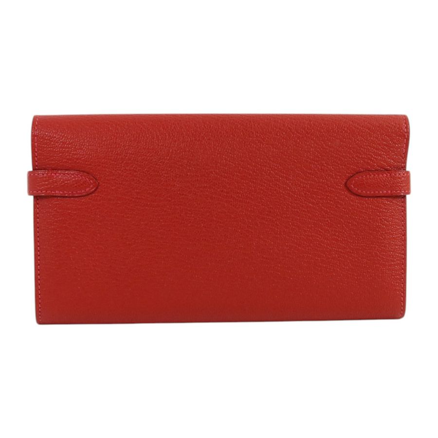 HERMES Chevre皮革Kelly Wallet銀扣長錢包Rouge Vif-1