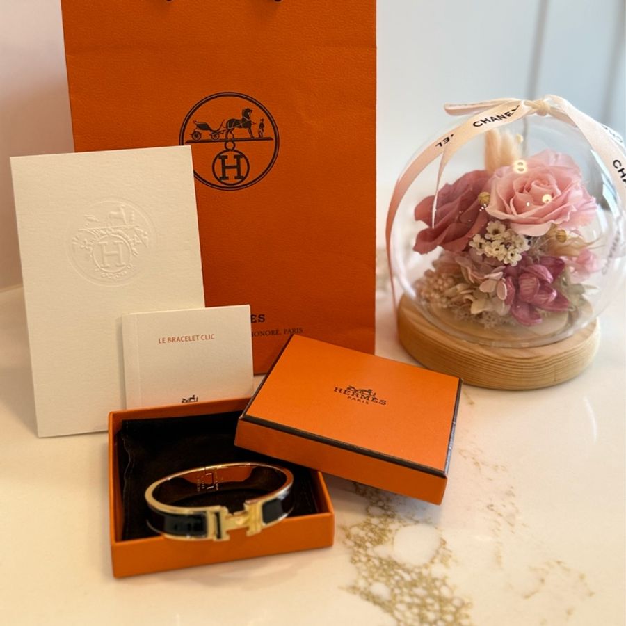 （全配）愛馬仕Hermès Clic H單色珐瑯手環-黑金配色-0