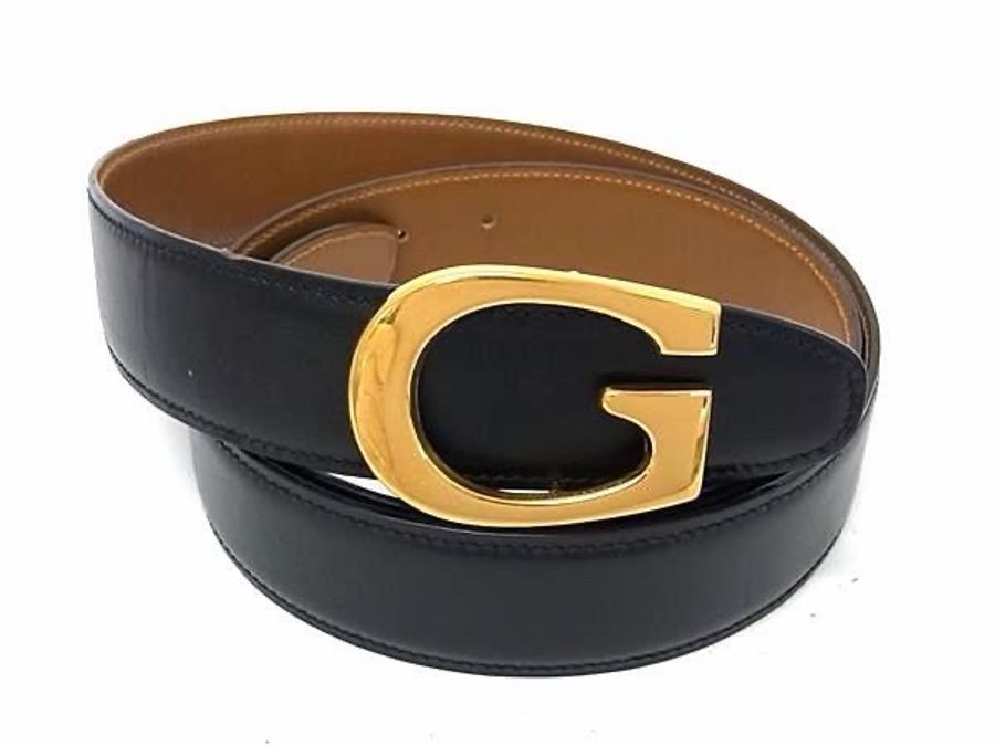 真品 GUCCI 古馳 真皮雙面金扣腰帶 黑色棕色-0