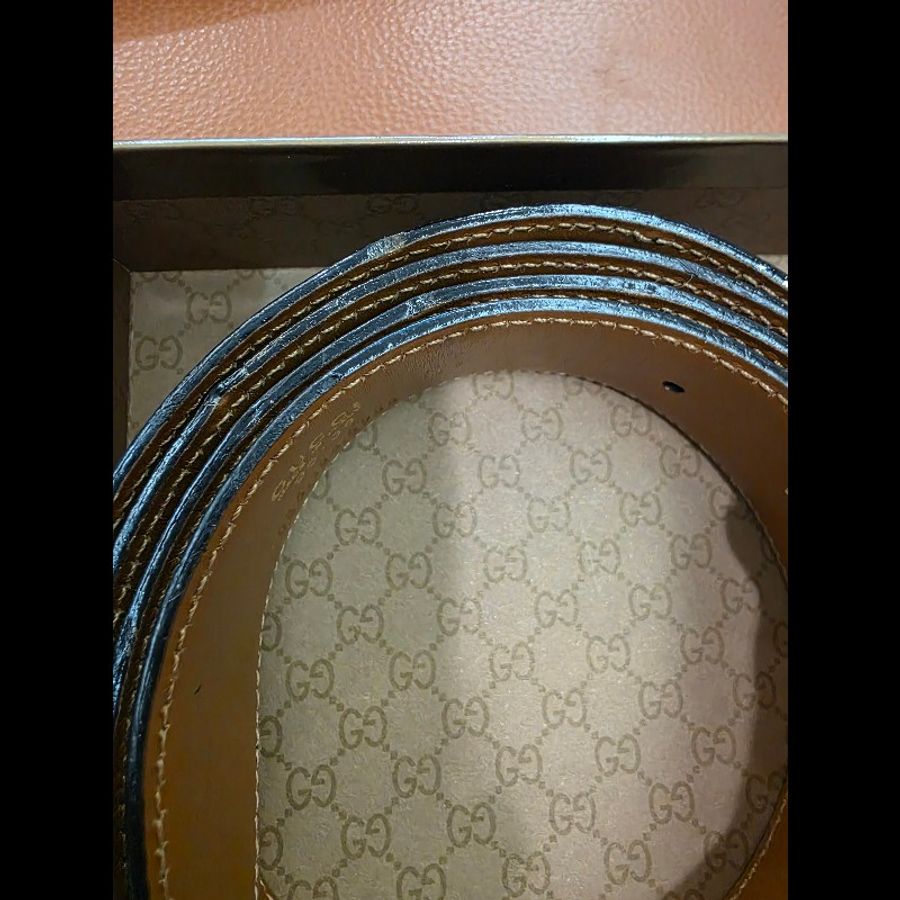真品 GUCCI 古馳 真皮雙面金扣腰帶 黑色棕色-15