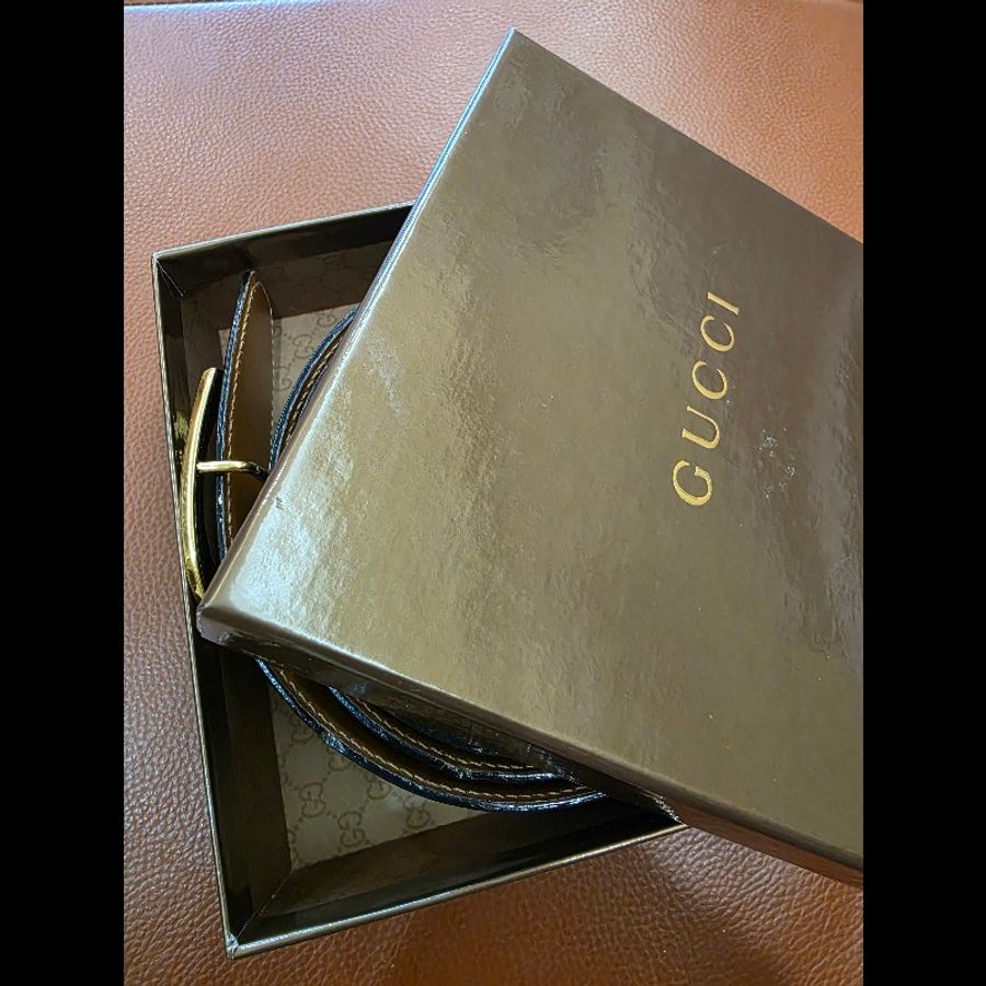 真品 GUCCI 古馳 真皮雙面金扣腰帶 黑色棕色-11
