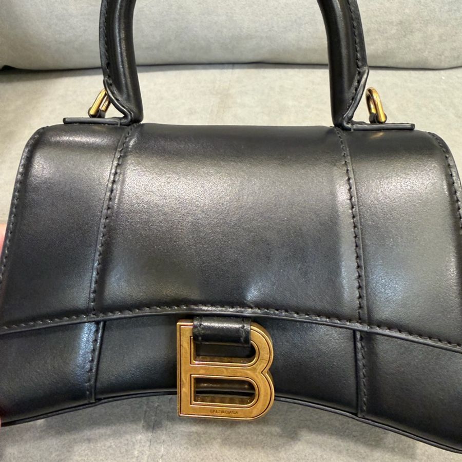 BALENCIAGA 巴黎世家 Hourglass XS黑色B字標誌牛皮手提斜背沙漏包-17