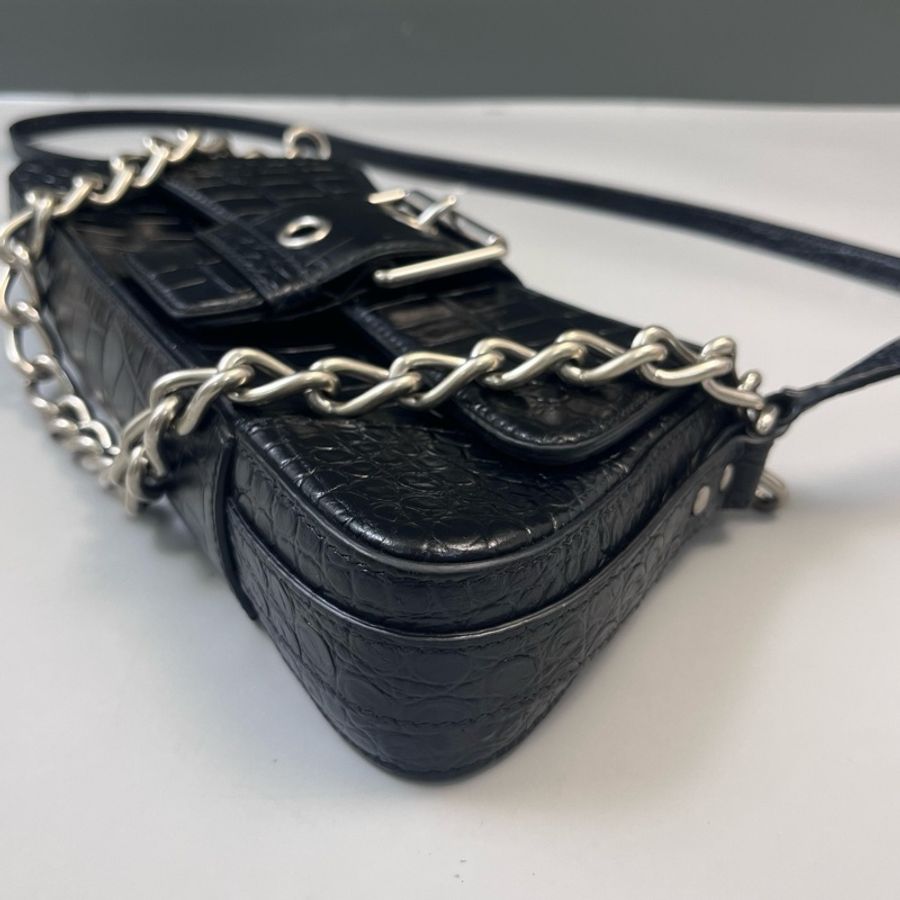 Balenciaga/巴黎世家 黑銀鰐魚壓紋 斜挎手提包-3