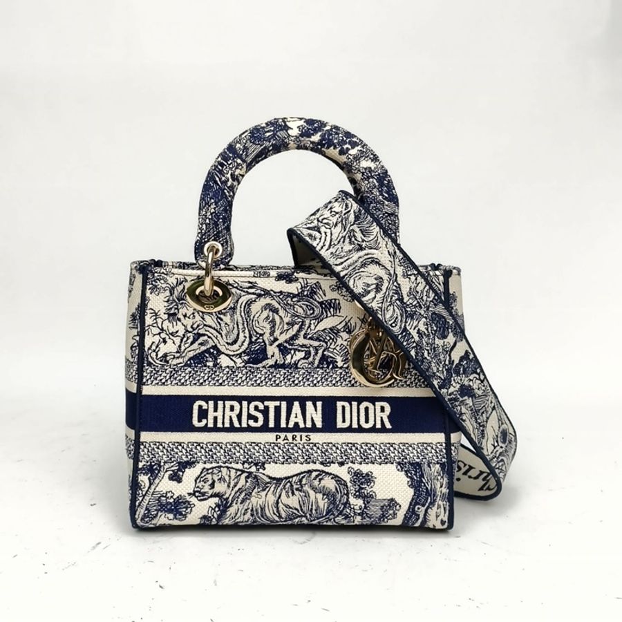 DIOR LadyD-Lite戴妃包中號墨藍色帆布金扣2021-0