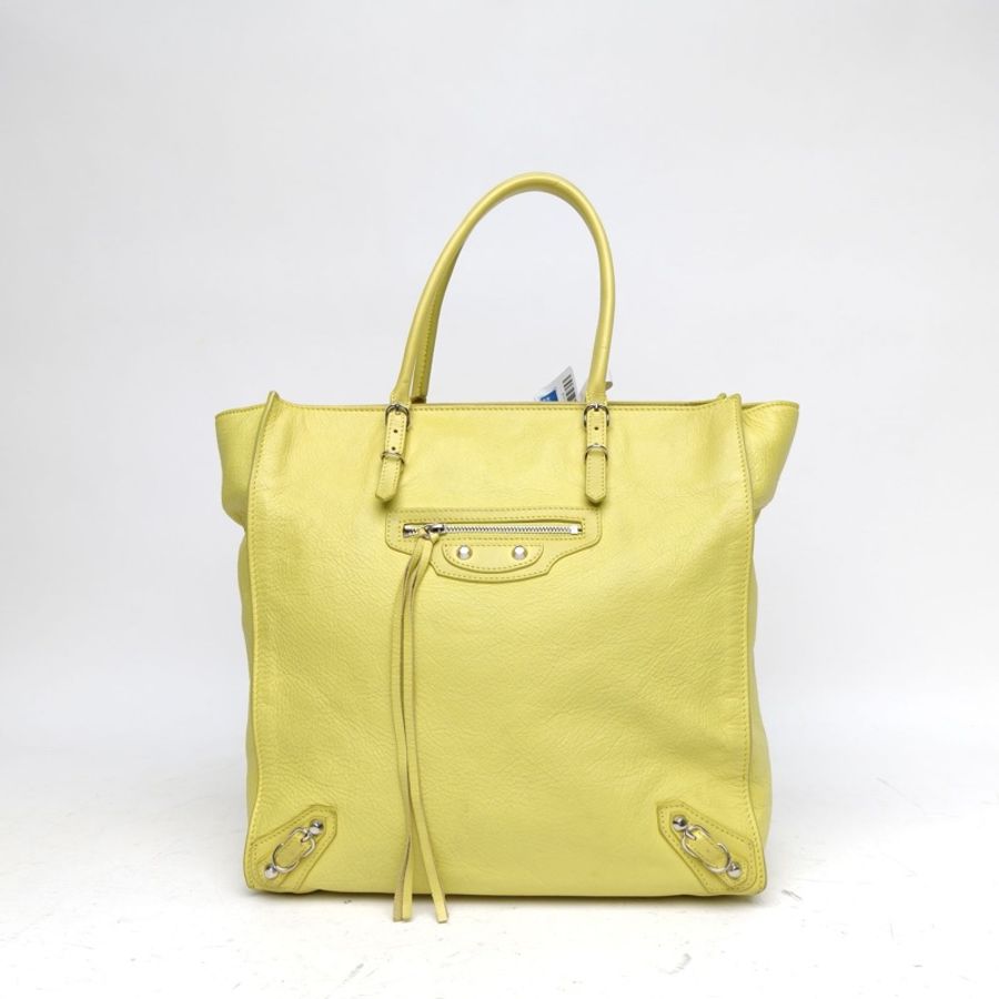 BALENCIAGA 黃色牛皮City系列機車包手提托特包-0