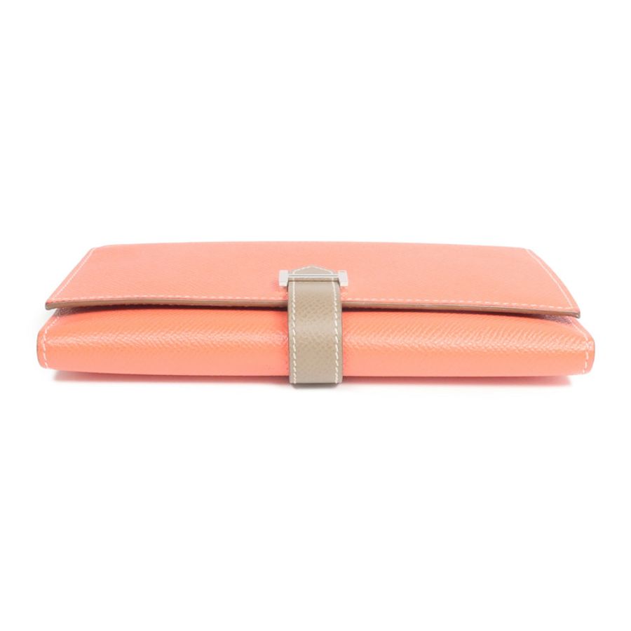 HERMES Epsom皮革Bearn Tri-Fold銀扣長錢包Rouge Casaque/Etoupe-5