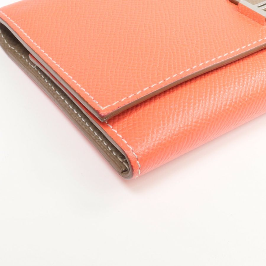 HERMES Epsom皮革Bearn Tri-Fold銀扣長錢包Rouge Casaque/Etoupe-7