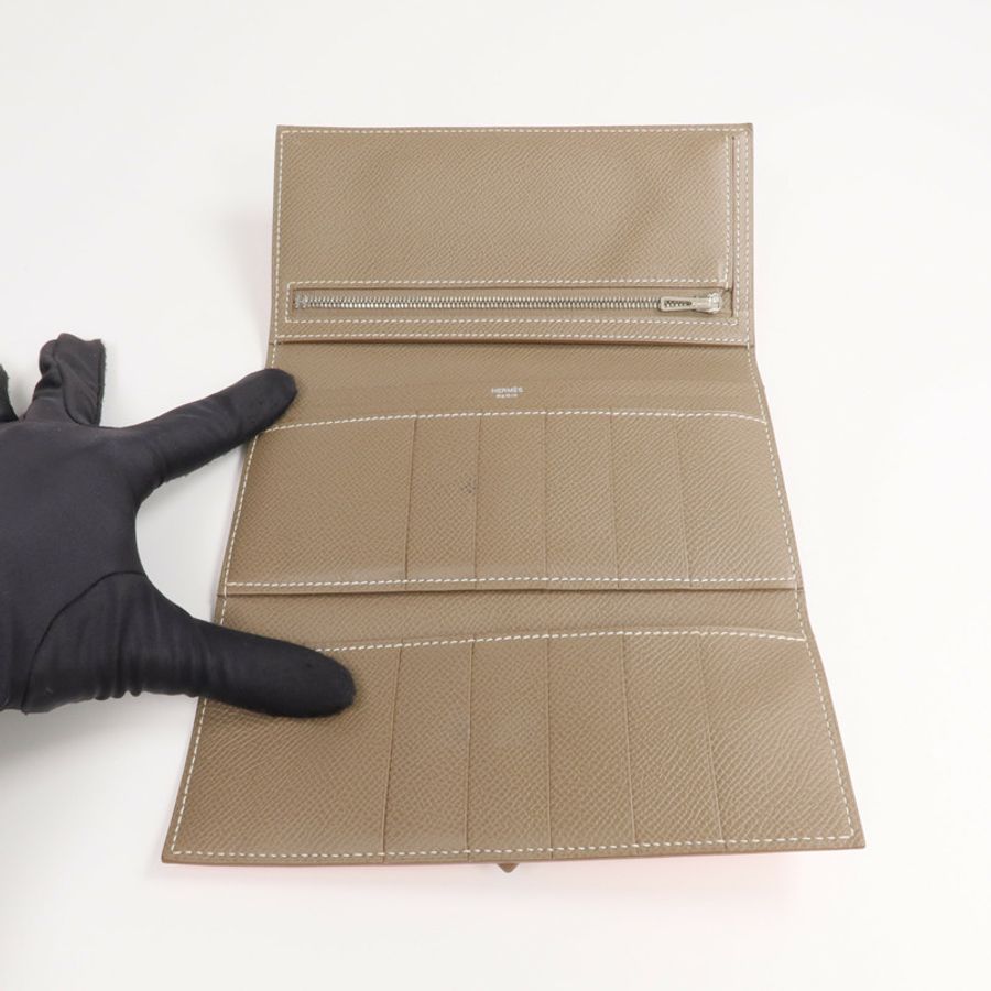 HERMES Epsom皮革Bearn Tri-Fold銀扣長錢包Rouge Casaque/Etoupe-11