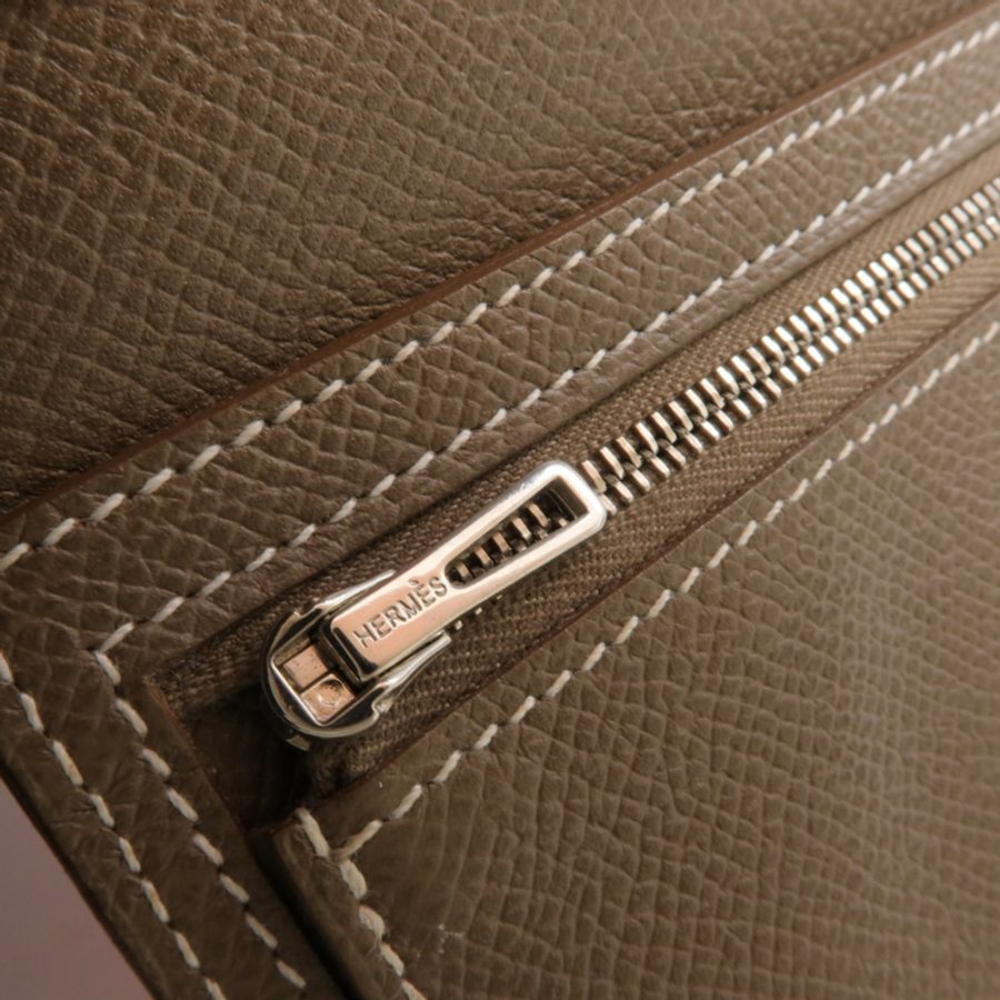 HERMES Epsom皮革Bearn Tri-Fold銀扣長錢包Rouge Casaque/Etoupe-12