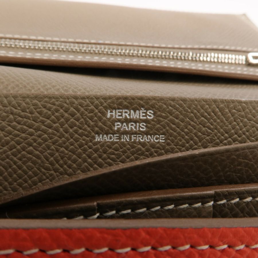 HERMES Epsom皮革Bearn Tri-Fold銀扣長錢包Rouge Casaque/Etoupe-13