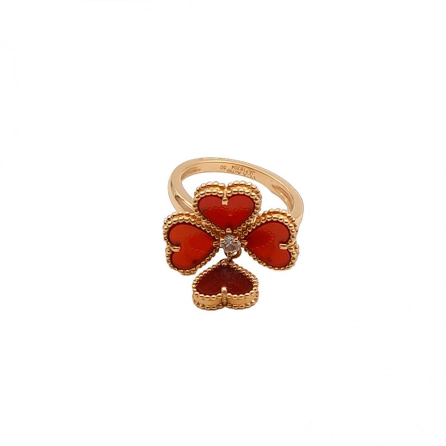 VAN CLEEF&ARPELS 18K玫瑰金紅玉髓SweetAlhambraEffeuillage愛心花瓣戒指50-0