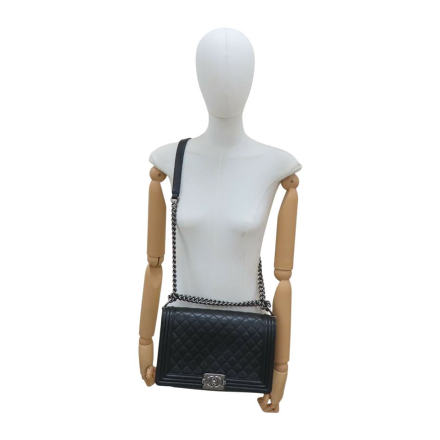 黑色 菱格紋 羊皮 Boy 28 鍊帶 肩背包 銀釦【CHANEL 香奈兒】 A92193-10