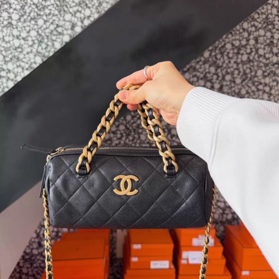 Chanel黑金荔枝皮水桶手提斜挎 30卡-0