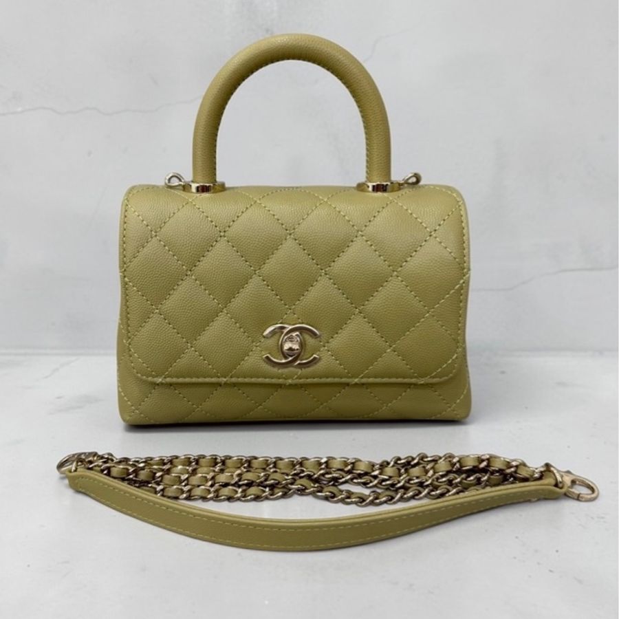 Chanel coco handlemini 金釦 芥末黃荔枝牛皮 全新閒置-0