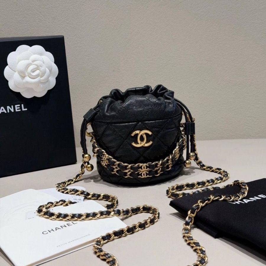 Chanel 雙鏈條 水桶 黑金 荔枝紋牛皮 芯片款11.5*10.5*10.5cm 95新 配件塵袋 購證-4