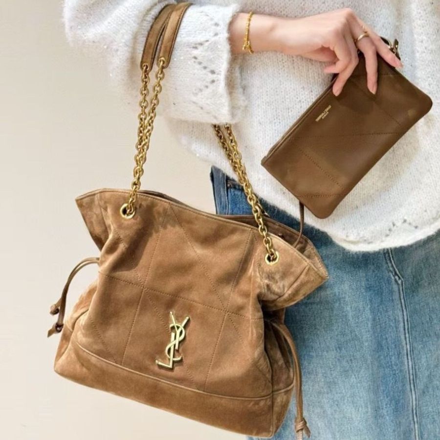YSL Jamie 棕色 麂皮 福袋 托特包 黃金小號3030*8*28.5cm 9新 配件子袋 購證 塵袋 盒子-0