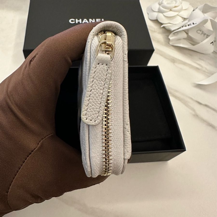CHANEL 菱格紋荔枝紋牛皮淡金拉鍊零錢包-2