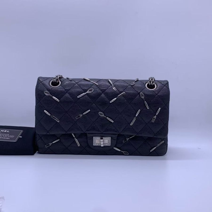 二手Chanel香奈兒限量款2.55中號黑色法餐刀叉限量款鏈條包,鐳射21開-0