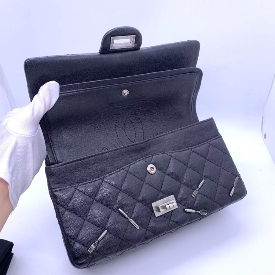 二手Chanel香奈兒限量款2.55中號黑色法餐刀叉限量款鏈條包,鐳射21開-6