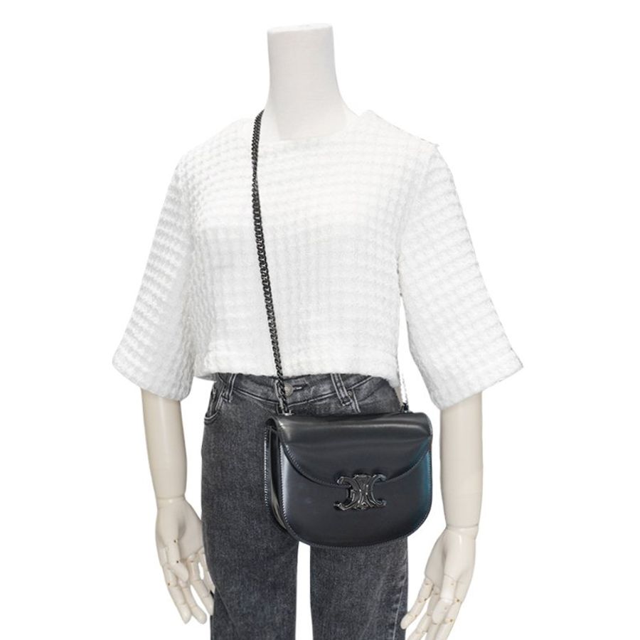 Celine 展示品 So Black Besace Clea 亮面小牛皮手提斜背二用包(黑)-6