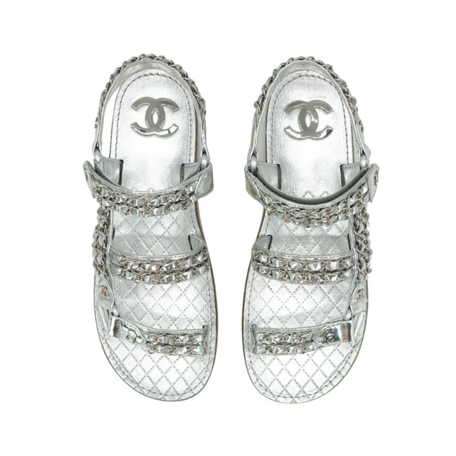 Chanel 展示品 CC Chain Dad Sandals 鍊帶皮革平底涼鞋#37.5(銀)-2
