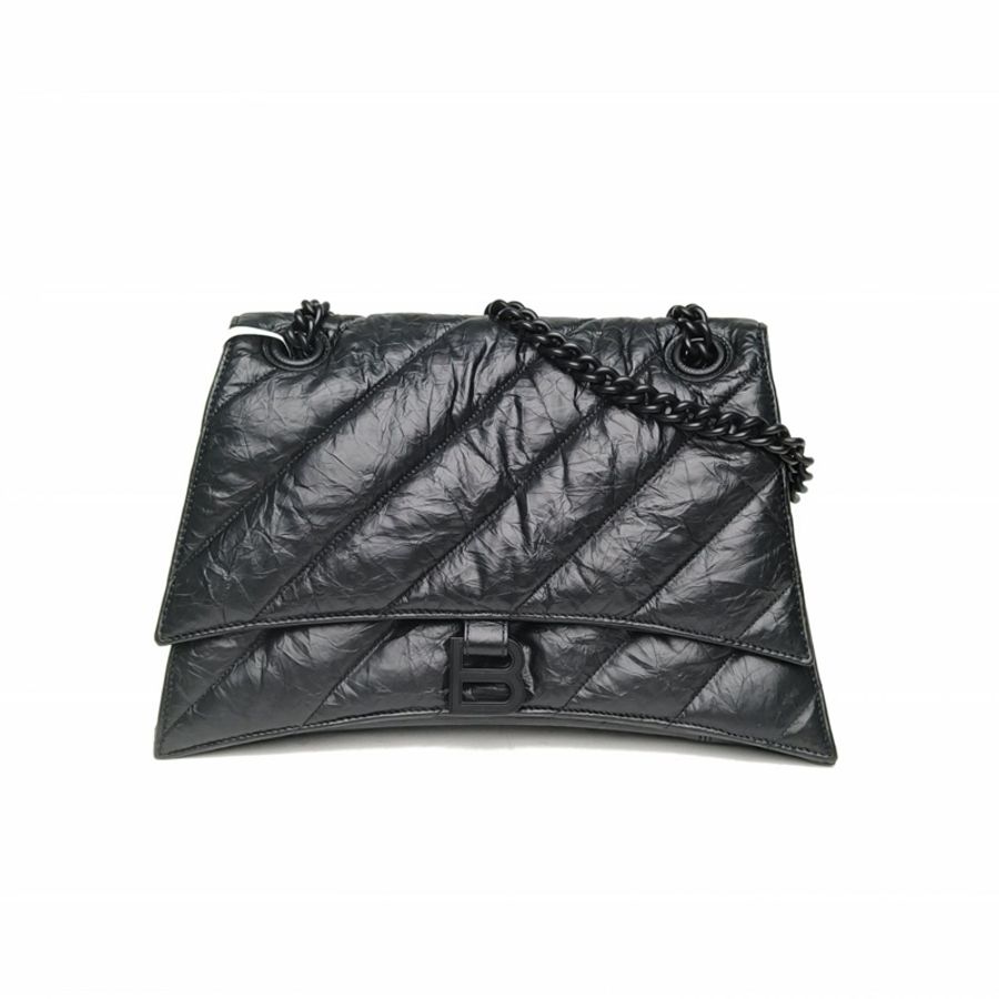 BALENCIAGA CRUSH沙漏復古做舊手提單肩包中號黑色牛皮黑扣-0