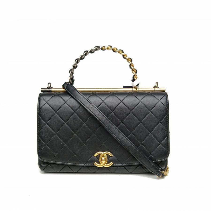 CHANEL 20S手柄口蓋包黑色羊皮30開金扣金屬皮穿手柄-0