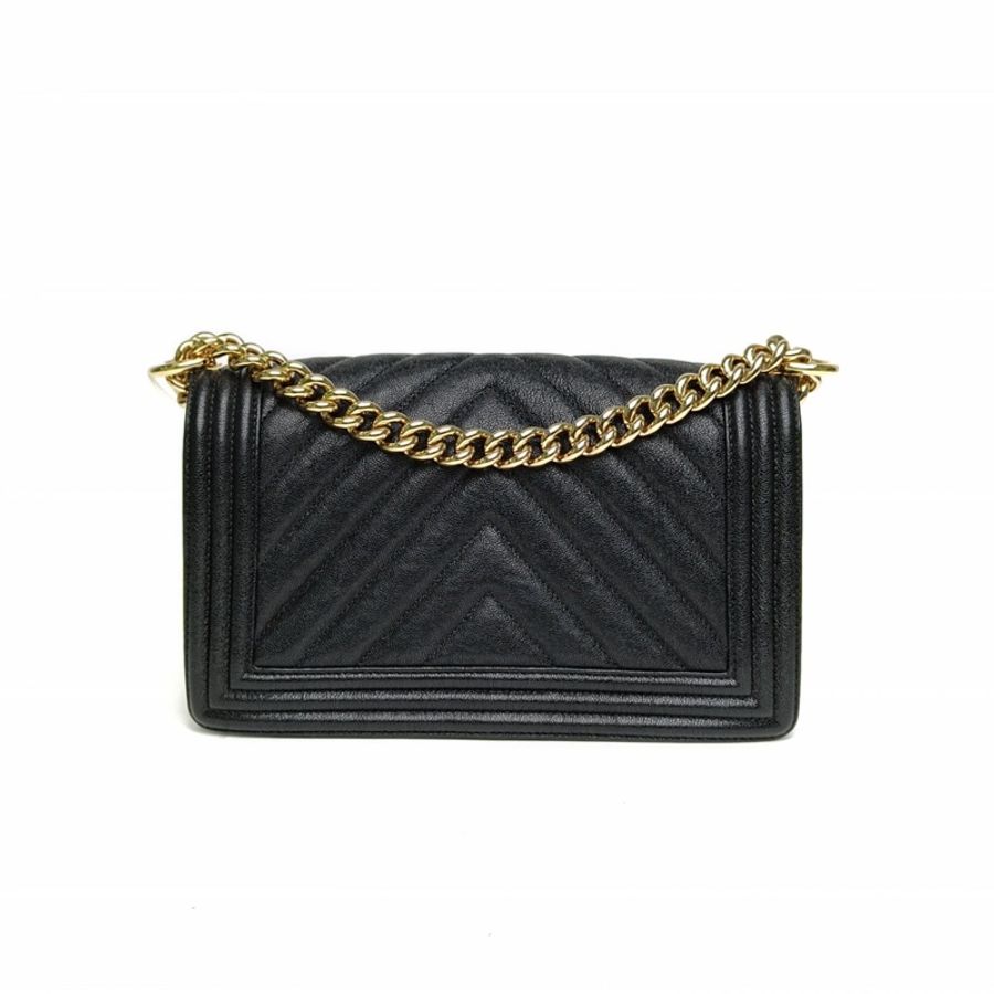 CHANEL Leboy中號黑色牛皮28開金扣V紋-2