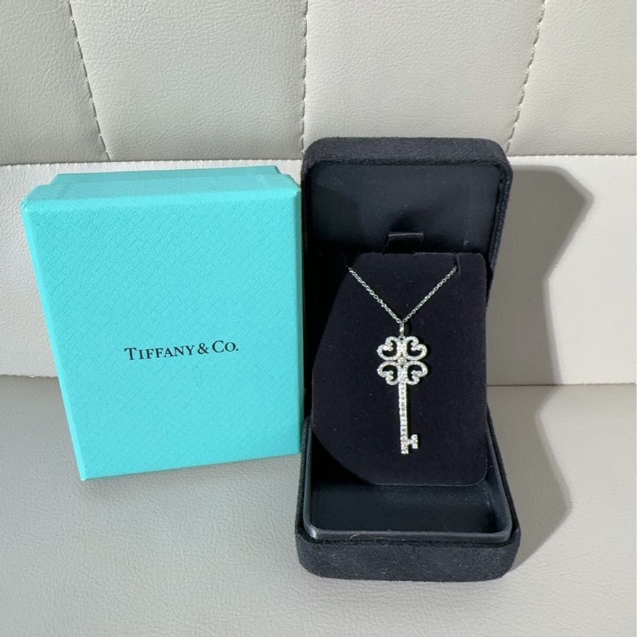Tiffany蒂芙尼 keys系列 PT950鉑金滿鑽 四葉草愛心鑰匙項鍊-0