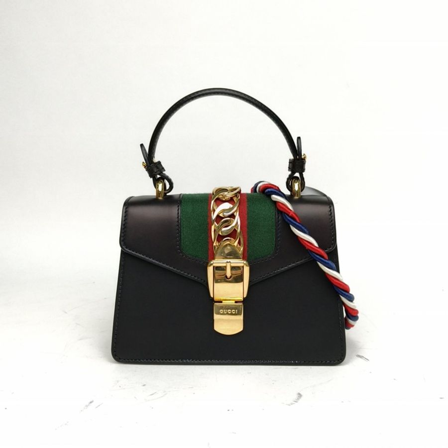 GUCCI 黑色牛皮金扣Sylvie塞爾維亞絲帶包皮手帶Mini20-0