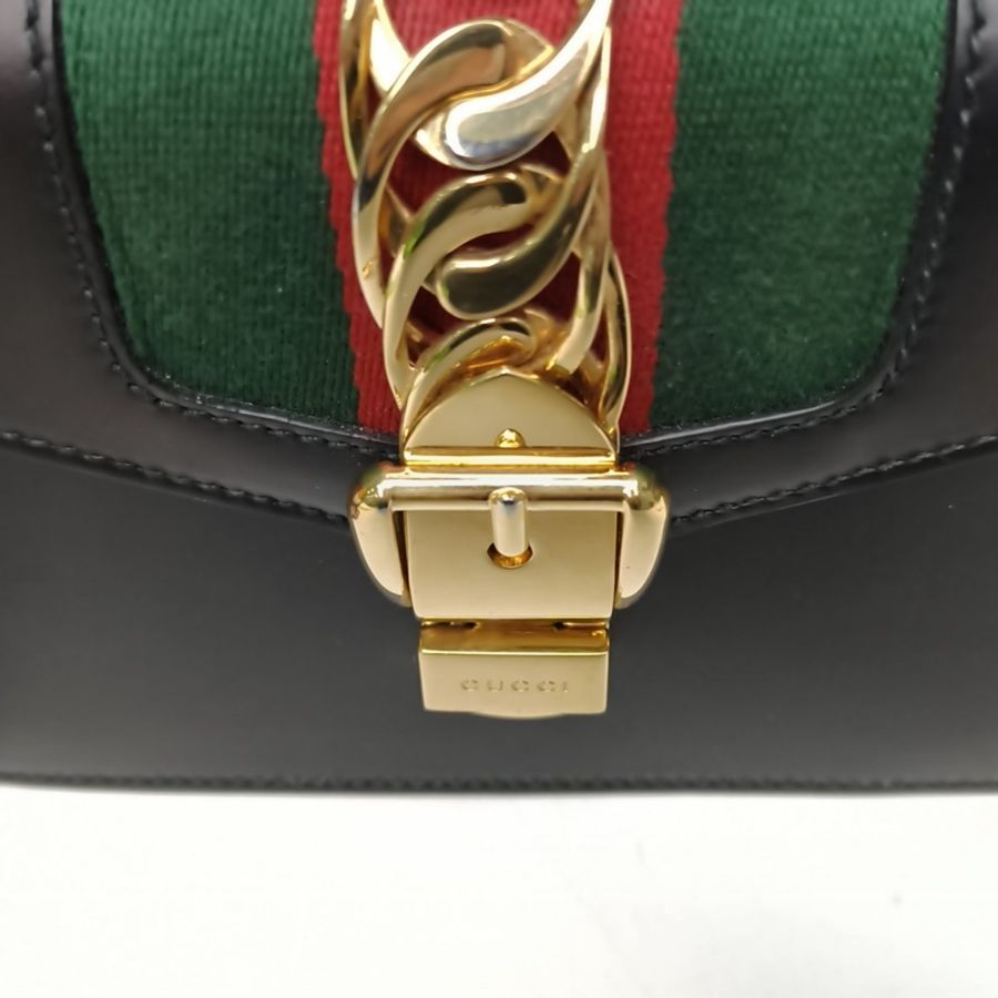 GUCCI 黑色牛皮金扣Sylvie塞爾維亞絲帶包皮手帶Mini20-4