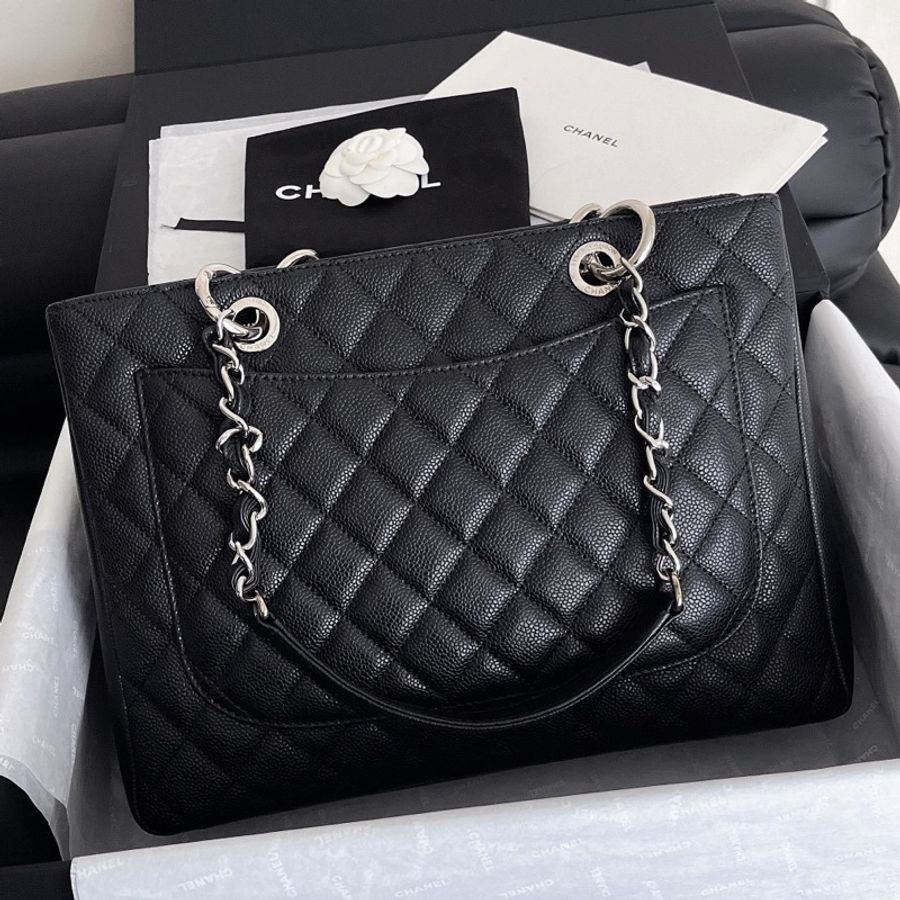 【近新閒置品】Chanel 香奈兒 gst 黑銀 荔枝紋皮 18開經典菱格紋手提單肩托特包-1