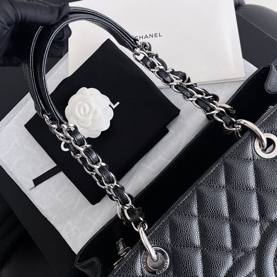 【近新閒置品】Chanel 香奈兒 gst 黑銀 荔枝紋皮 18開經典菱格紋手提單肩托特包-5