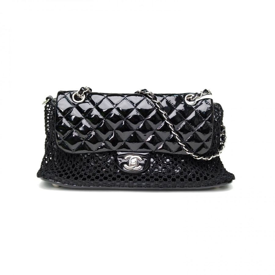 CHANEL 黑色漆皮14開銀扣CF口蓋包網兜黑銀二合一托特包-0