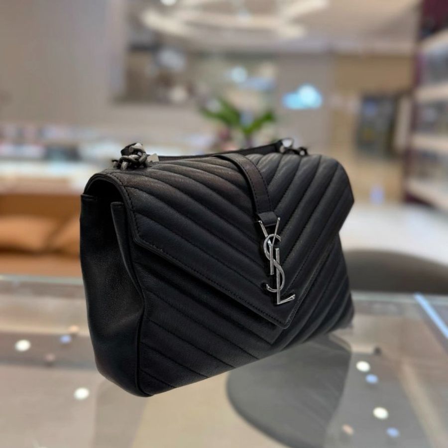 YSL College 黑銀V紋手提郵差包24*17*6.5 98新配件塵袋-4