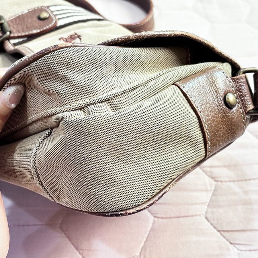 BURBERRY 少見 真皮帆布拼接 郵差包 卡其色 Vintage-13