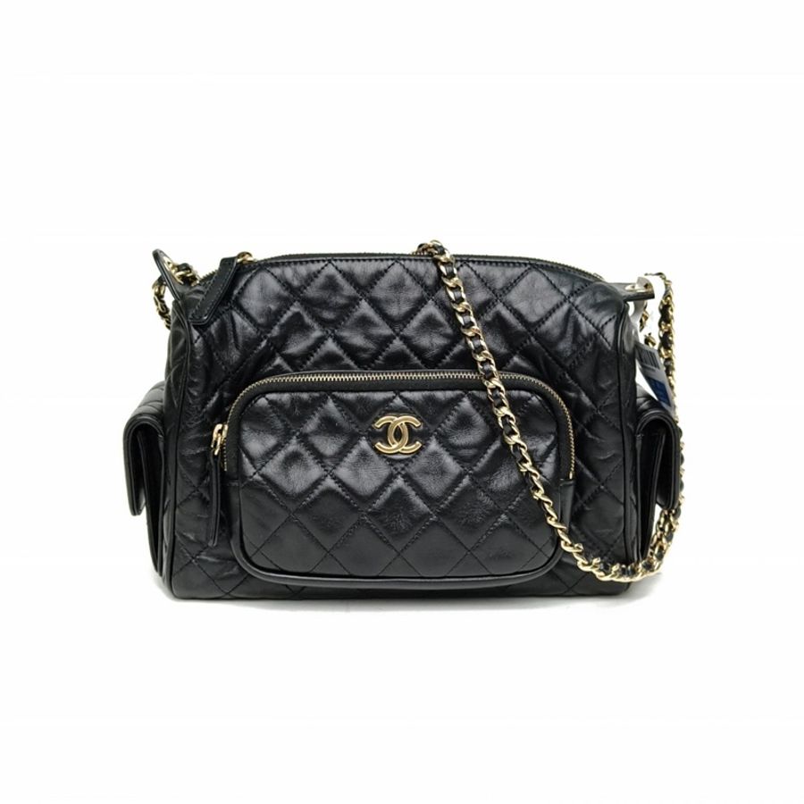 CHANEL 24K保齡球大號黑色牛皮晶片開淺金扣-0