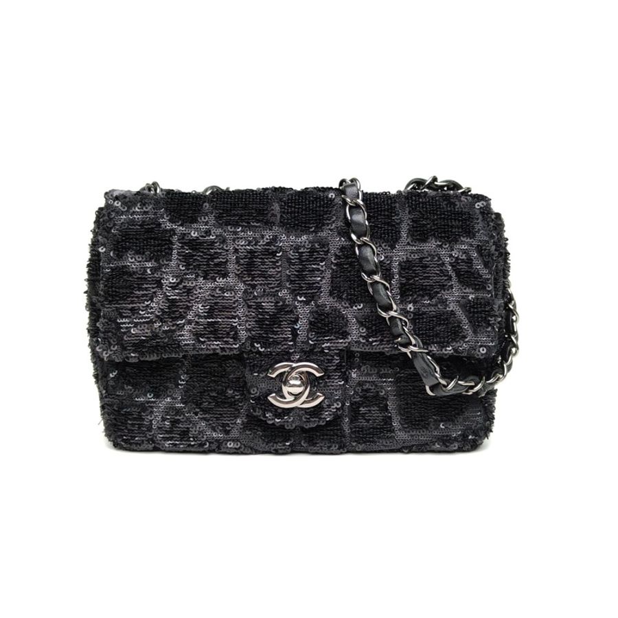 CHANEL CF口蓋包大Mini20cm黑色珠片28開鎢鋼扣-0