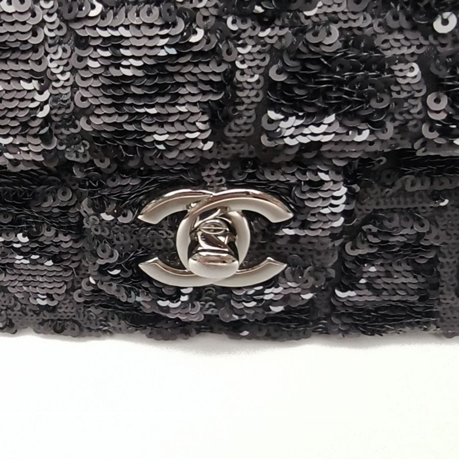 CHANEL CF口蓋包大Mini20cm黑色珠片28開鎢鋼扣-4