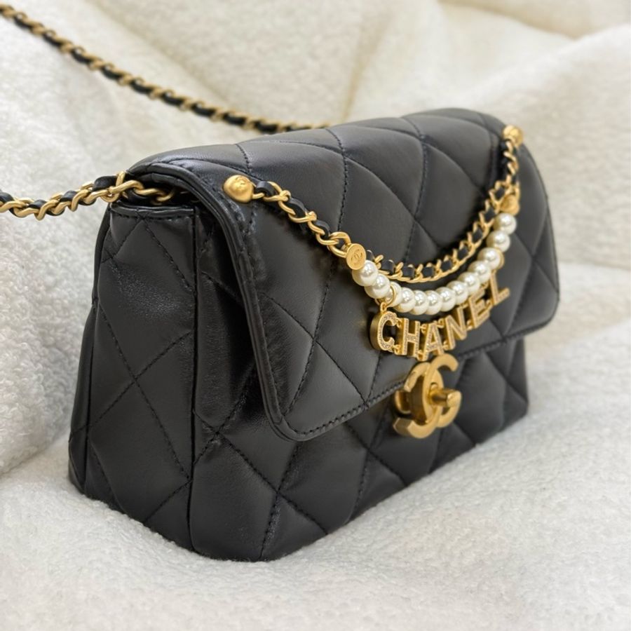 (日本購證🇯🇵全配)Chanel 24A 珍珠水鑽鏈條黑金方胖子 ✨最新晶片款-2