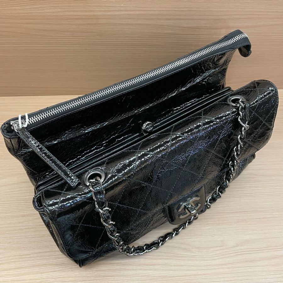 Chanel黑银油蜡皮蛙口cf單肩包2006年10開 有塵袋 無卡無盒子 尺寸底30*高20*寬12*-2