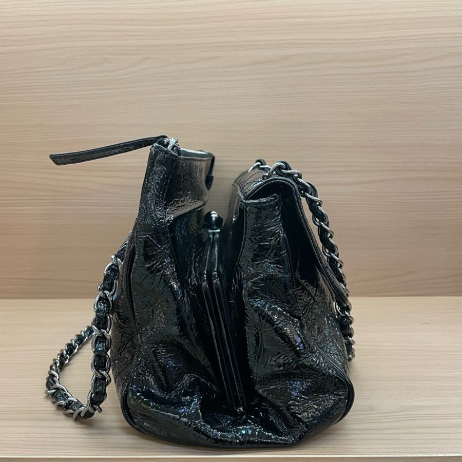 Chanel黑银油蜡皮蛙口cf單肩包2006年10開 有塵袋 無卡無盒子 尺寸底30*高20*寬12*-3