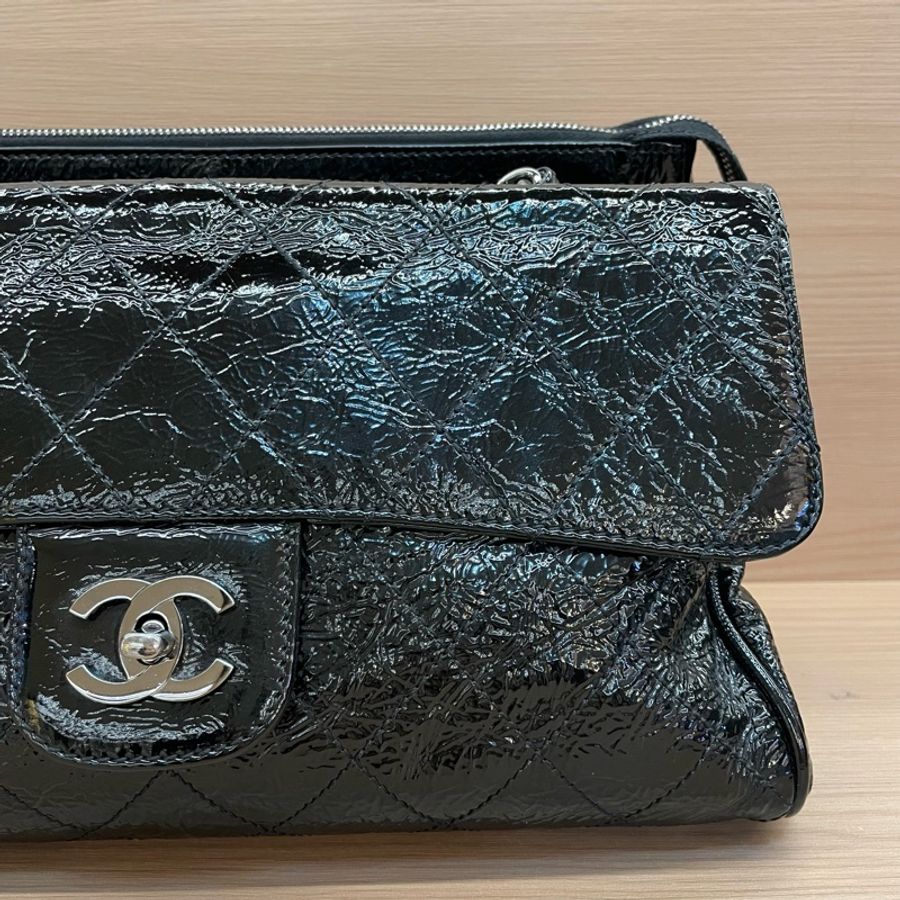 Chanel黑银油蜡皮蛙口cf單肩包2006年10開 有塵袋 無卡無盒子 尺寸底30*高20*寬12*-6