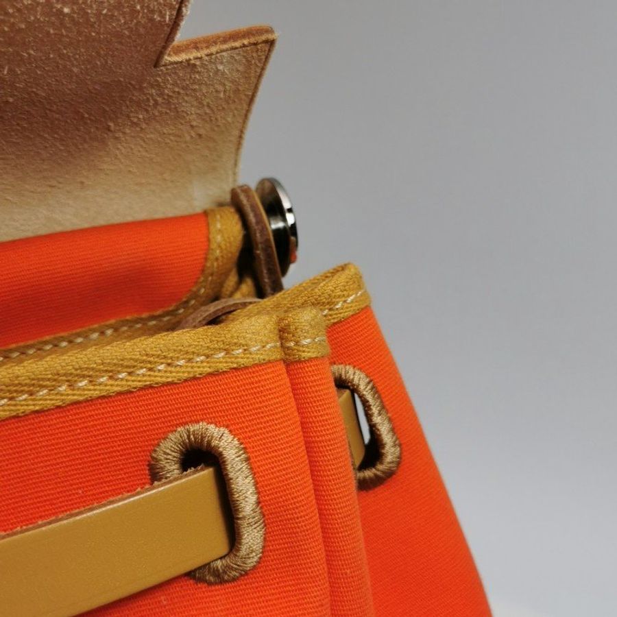 Hermes Herbag31馬鞍釘鎖扣斜挎包單肩包Hunter牛皮帆布銀扣8V罌粟橙棕色U刻-20