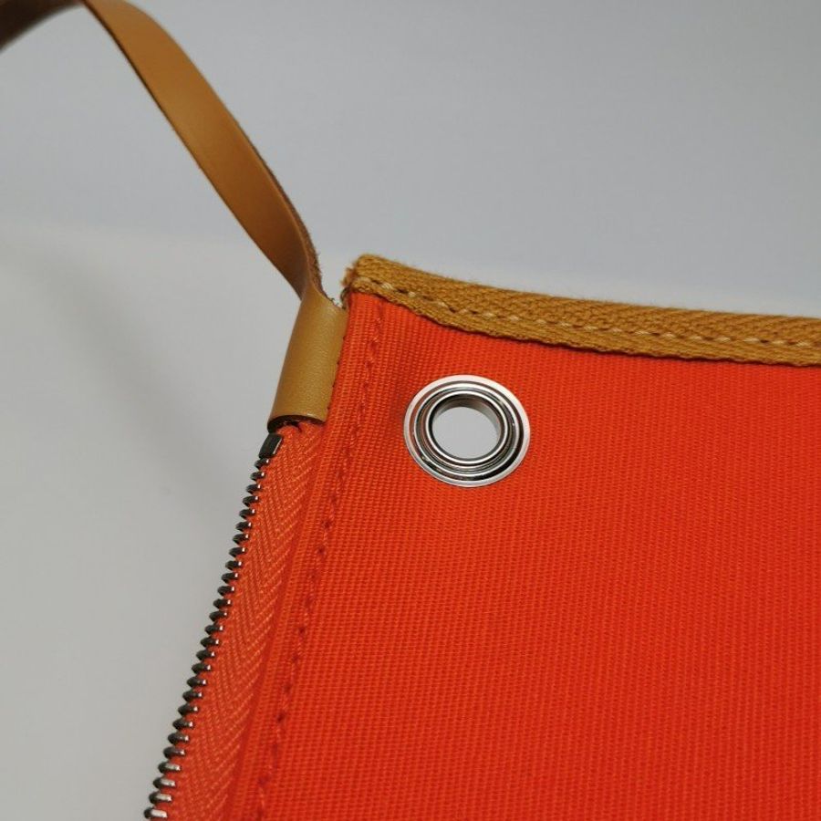 Hermes Herbag31馬鞍釘鎖扣斜挎包單肩包Hunter牛皮帆布銀扣8V罌粟橙棕色U刻-30